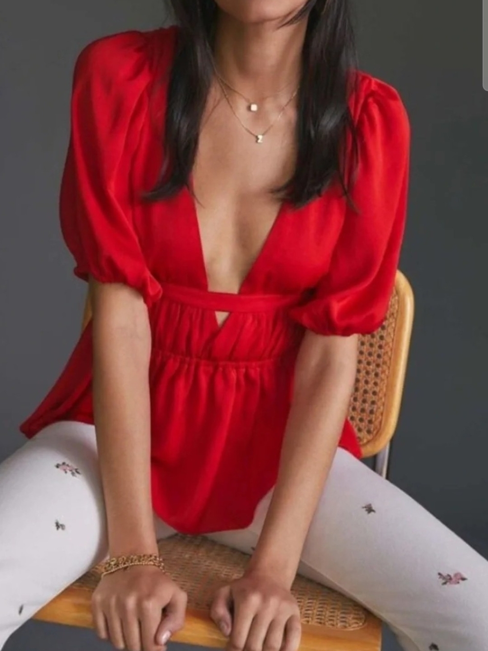 Dolan Left Coast Collection Red V-Neck Puff Sleeve Peplum Blouse NWT XL